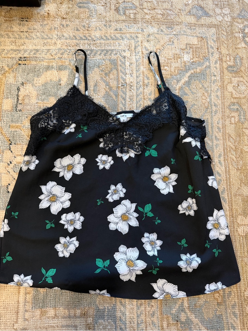 Bar III Floral Lace Trim Black Cami Top